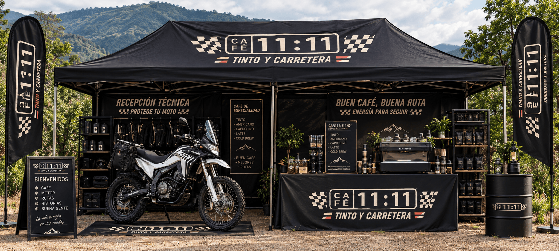 Stand oficial da 11:11 Tinto y Carretera em um evento de motos, com a Xpulse Rally em exibição